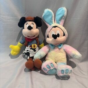 Disney Mickey Minnie Mouse Plush Lot 2 Cowgirl 2025 Easter Bunny Pastel Tie Dye